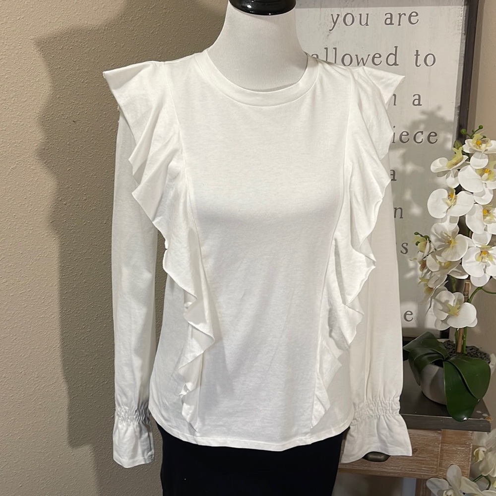 Elegant White Ruffle Long Sleeve Top TRN 23